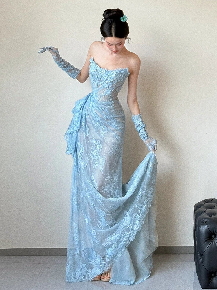 Blue Lace Mermaid Long Prom Dress Sexy Evening Dresses With Side Split fg7665 - Image 3
