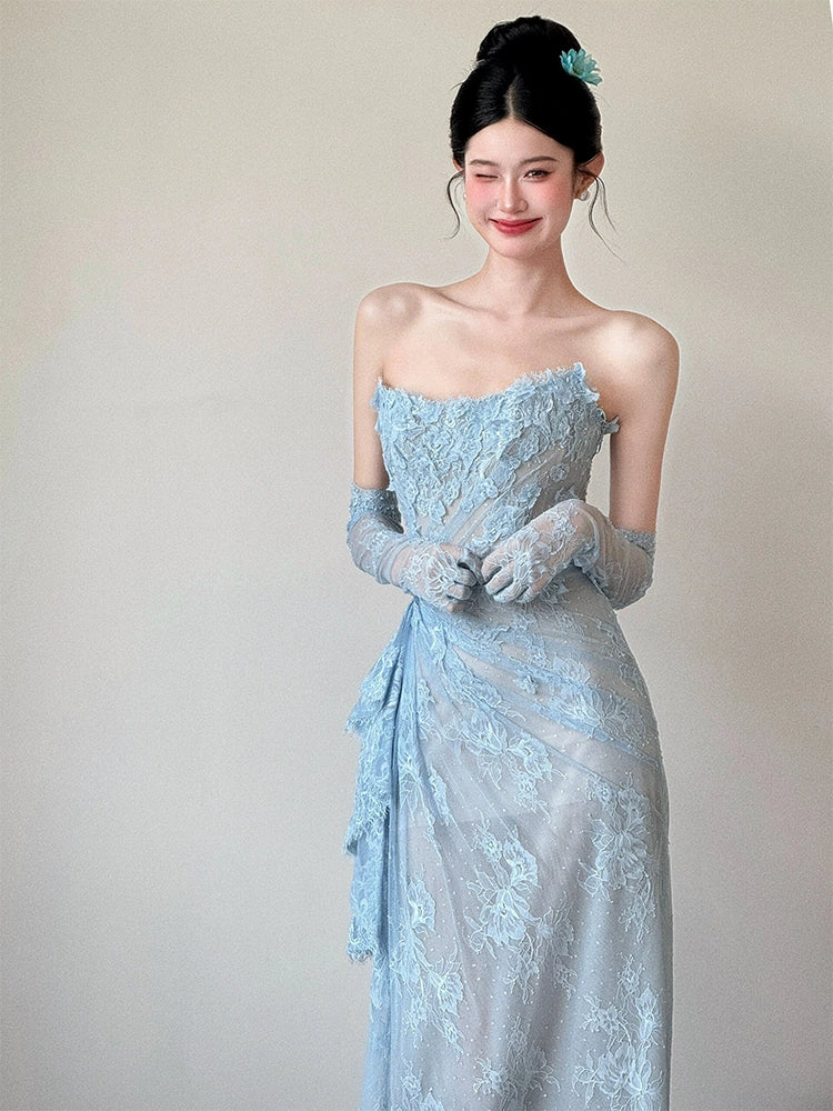 Blue Lace Mermaid Long Prom Dress Sexy Evening Dresses With Side Split fg7665 - Image 4