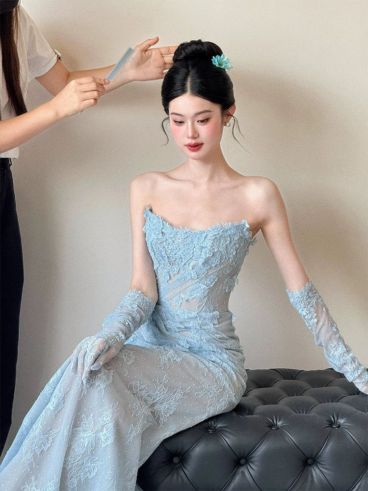 Blue Lace Mermaid Long Prom Dress Sexy Evening Dresses With Side Split fg7665 - Image 5