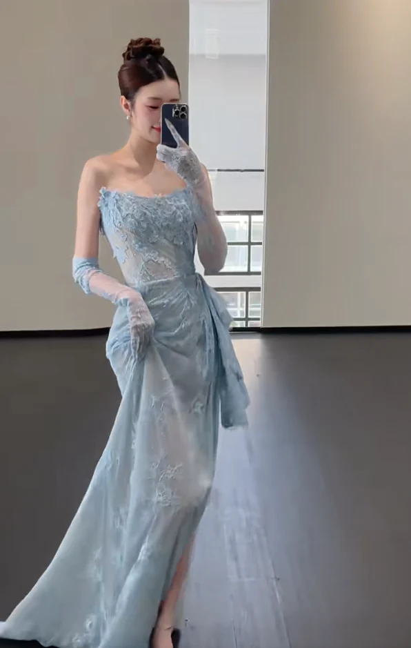 Blue Lace Mermaid Long Prom Dress Sexy Evening Dresses With Side Split fg7665 - Image 6
