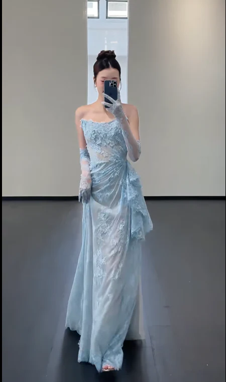 Blue Lace Mermaid Long Prom Dress Sexy Evening Dresses With Side Split fg7665 - Image 7