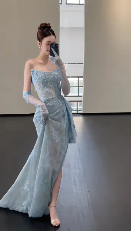 Blue Lace Mermaid Long Prom Dress Sexy Evening Dresses With Side Split fg7665 - Image 8