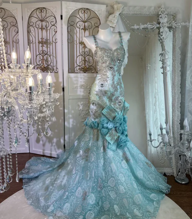 Blue Mermaid Lace Prom Party Dress Evening Dress Birthday Dress fg8647