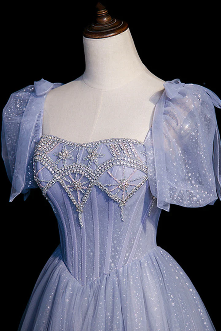 Blue Tulle Long A-Line Prom Dress with Beading  fg2228 - Image 3