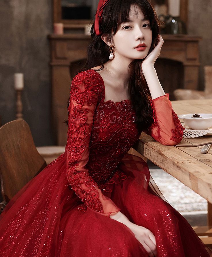 Burgundy Aline Lace Long Prom Dress, Burgundy Tulle Formal Graduation Dress    fg5618 - Image 2
