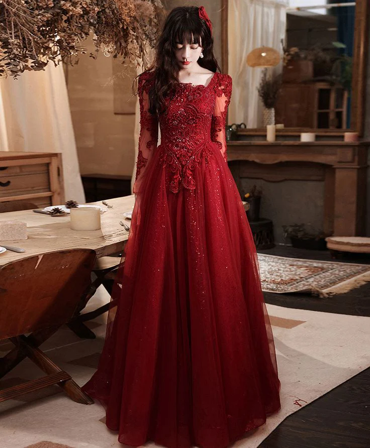 Burgundy Aline Lace Long Prom Dress, Burgundy Tulle Formal Graduation Dress    fg5618 - Image 3