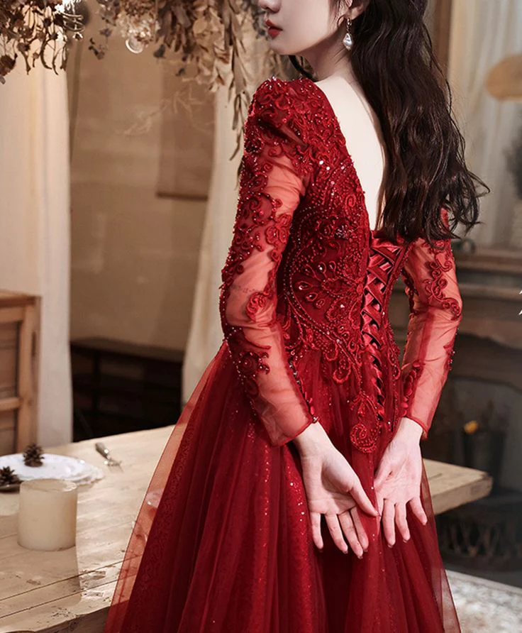 Burgundy Aline Lace Long Prom Dress, Burgundy Tulle Formal Graduation Dress    fg5618 - Image 4