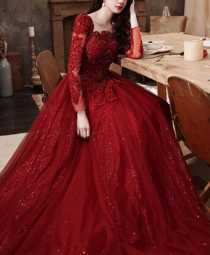 Burgundy Aline Lace Long Prom Dress, Burgundy Tulle Formal Graduation Dress    fg5618 - Image 5