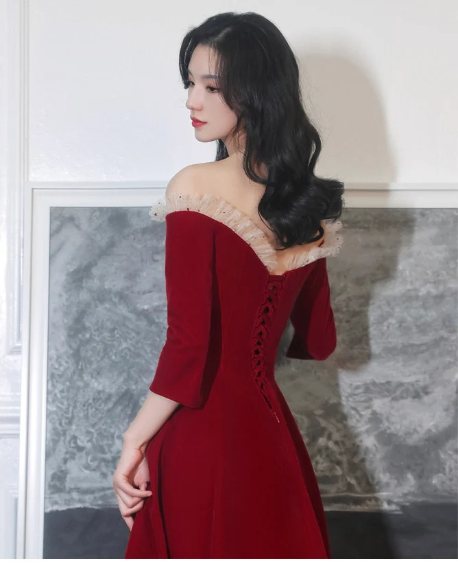Burgundy Prom Gown, Off Shoulder Party Dress, Fairy Midi Dress     fg4473 - Image 2