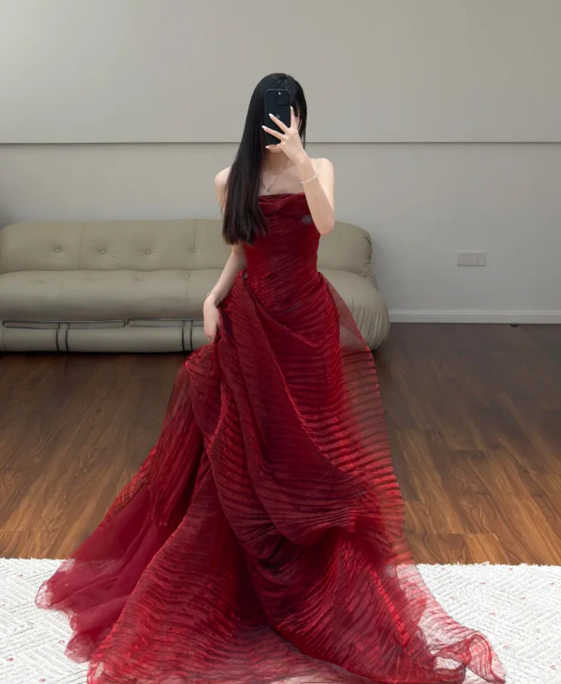 Burgundy Prom Party Dress Sleeveless Evening Dress Birthday Outfit fg8677