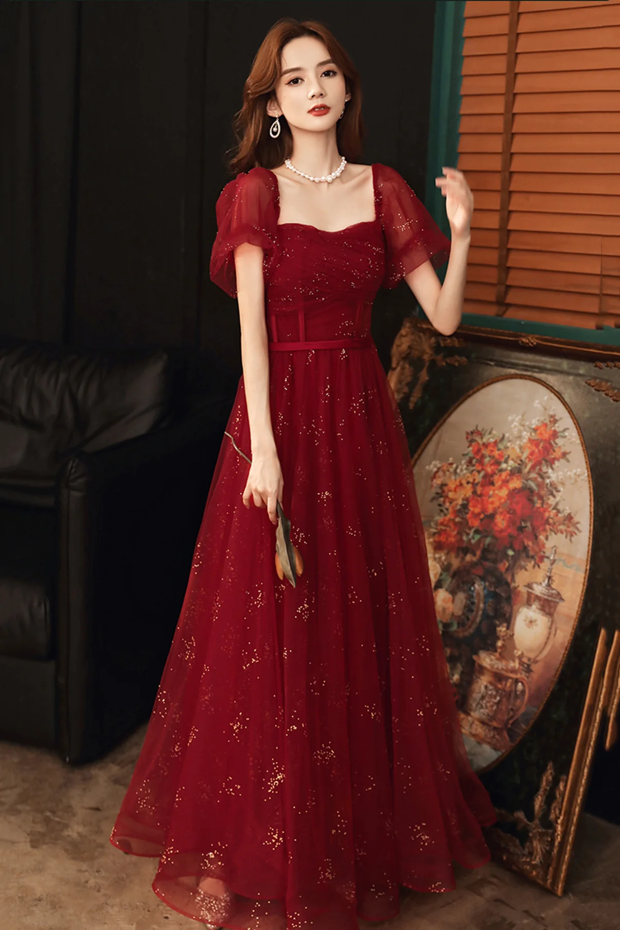 Burgundy Tulle Sequins Long A Line Prom Dress Evening Dress     fg4234 - Image 2