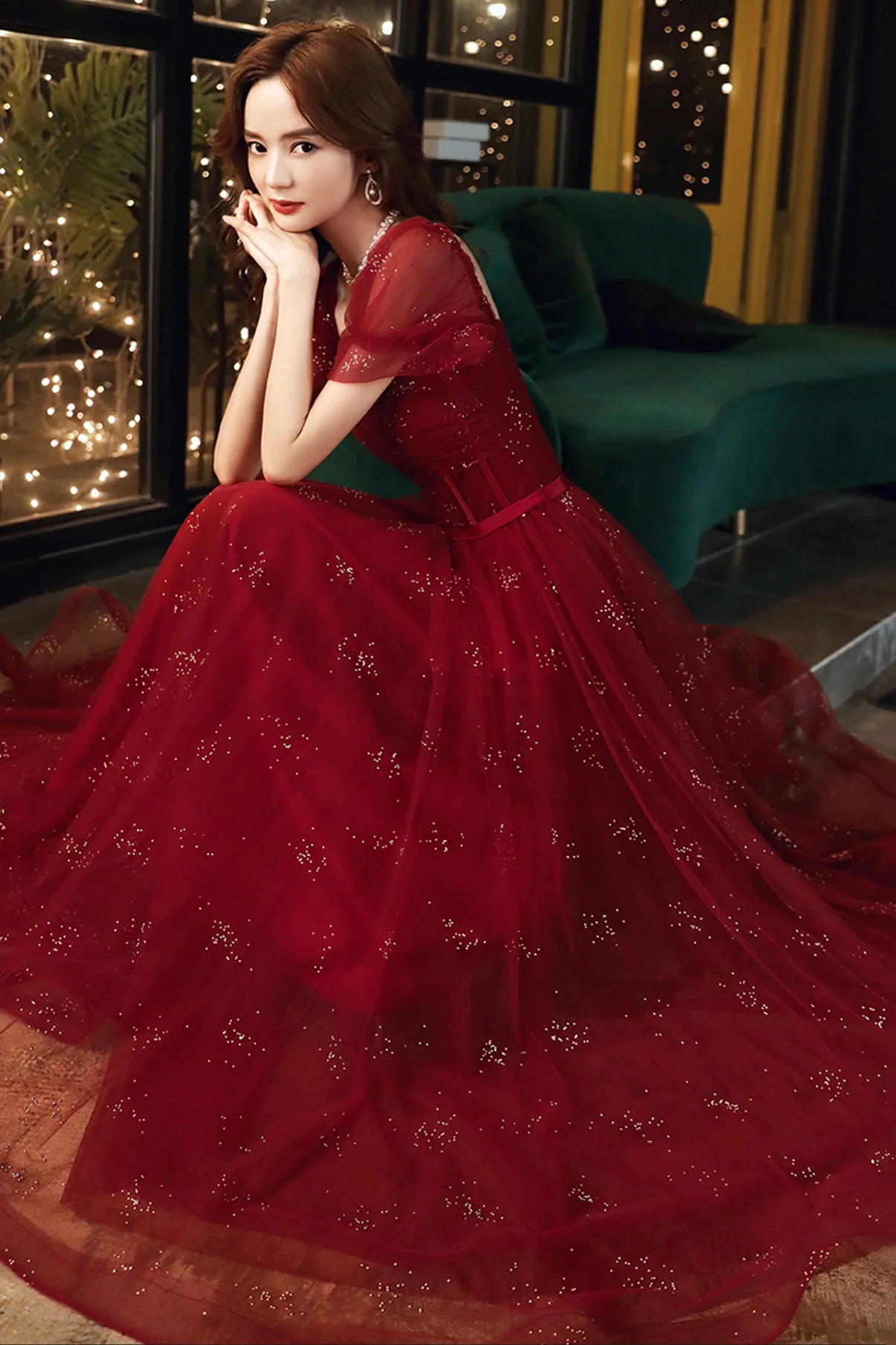 Burgundy Tulle Sequins Long A Line Prom Dress Evening Dress     fg4234 - Image 3