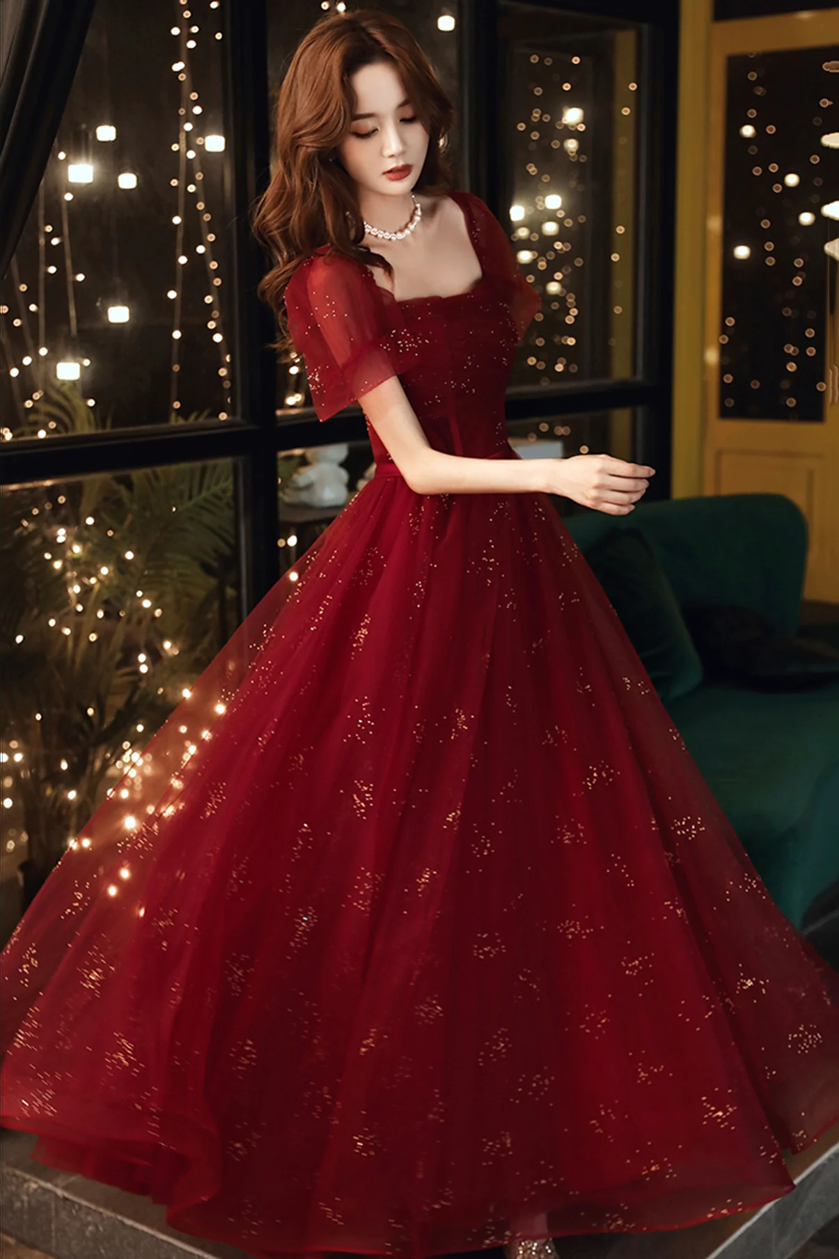 Burgundy Tulle Sequins Long A Line Prom Dress Evening Dress     fg4234 - Image 4