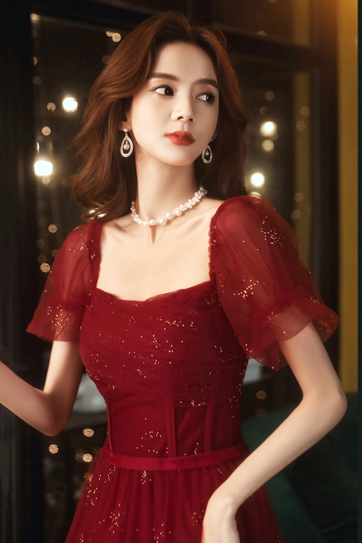 Burgundy Tulle Sequins Long A Line Prom Dress Evening Dress     fg4234 - Image 6