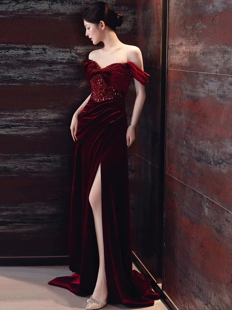 Burgundy Velvet Mermaid Long Prom Dress Off Shoulder Evening Dresses With Slit    fg7669 - Image 2