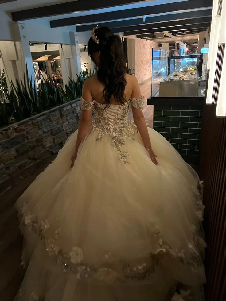 Champagne Quince Dress with Flowers Sweet 16 Dresses Off the Shoulder Ball Gown    fg8019 - Image 2