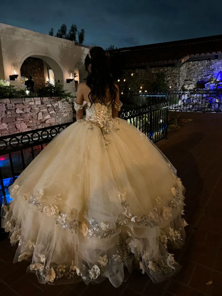 Champagne Quince Dress with Flowers Sweet 16 Dresses Off the Shoulder Ball Gown    fg8019 - Image 3
