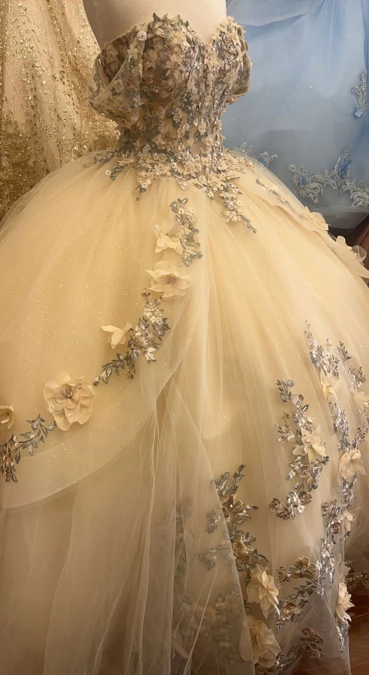Champagne Quince Dress with Flowers Sweet 16 Dresses Off the Shoulder Ball Gown    fg8019 - Image 4