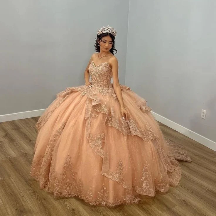 Champagne Shiny Off The Shoulder Ball Gown Quinceanera Dress Appliques Lace Beaded Birthday Party Gowns Sweet 16 vestidos fg5679 - Image 2