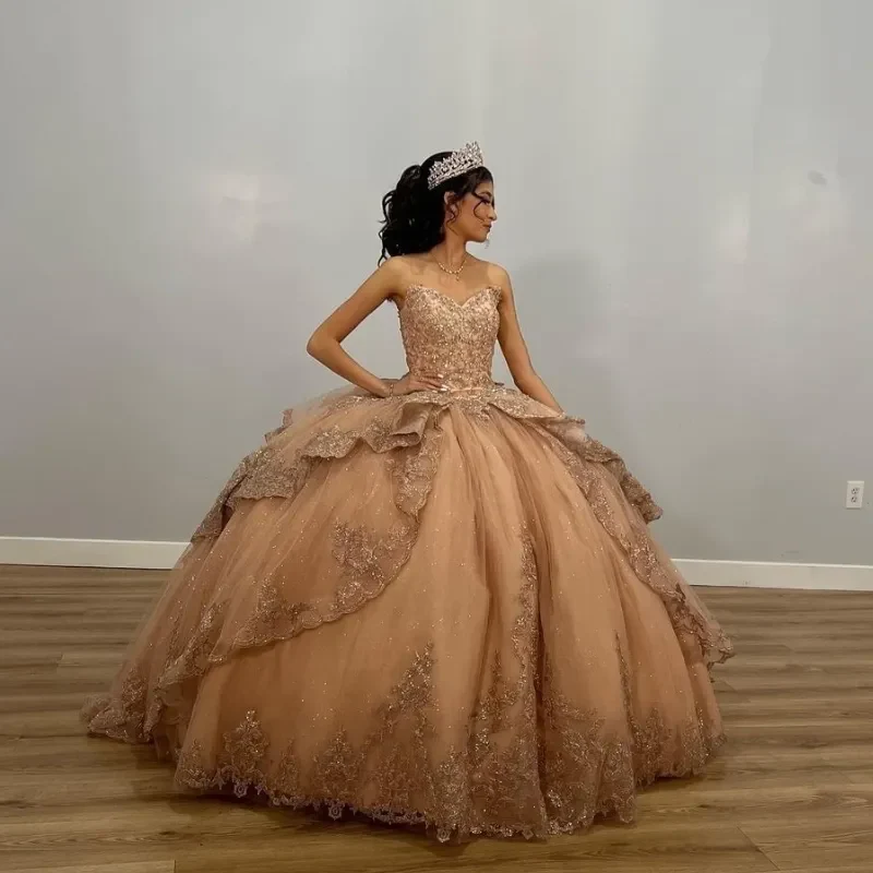 Champagne Shiny Off The Shoulder Ball Gown Quinceanera Dress Appliques Lace Beaded Birthday Party Gowns Sweet 16 vestidos fg5679 - Image 3