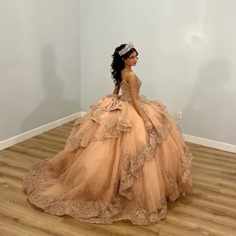 Champagne Shiny Off The Shoulder Ball Gown Quinceanera Dress Appliques Lace Beaded Birthday Party Gowns Sweet 16 vestidos fg5679 - Image 4