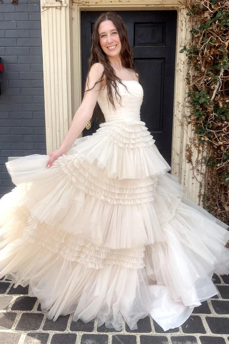 Champagne Strapless A-line Multi-Layers Tulle Long Prom Dress with Slit fg4602 - Image 2