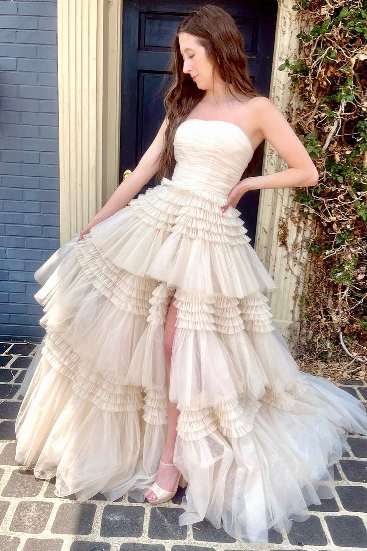 Champagne Strapless A-line Multi-Layers Tulle Long Prom Dress with Slit fg4602 - Image 3