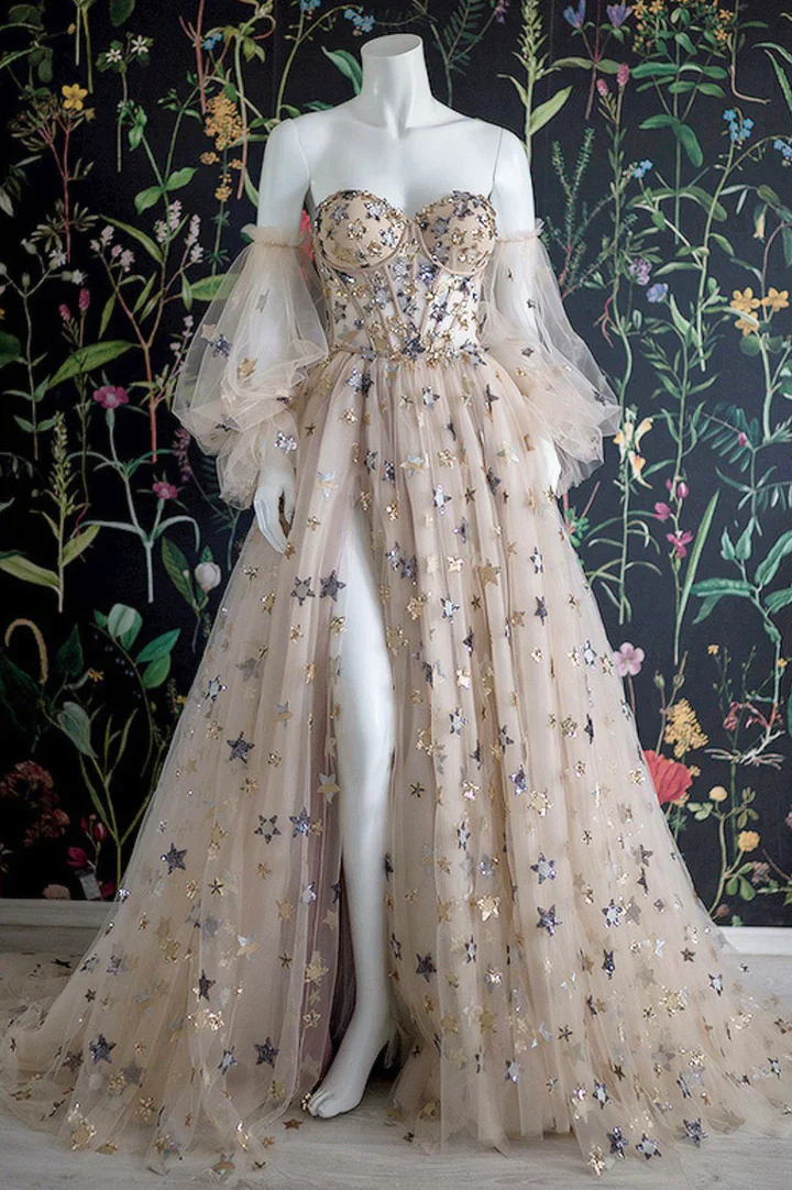 Champagne Tulle Long Prom Dress, Off the Shoulder Evening Dress with Stars     fg3173 - Image 2