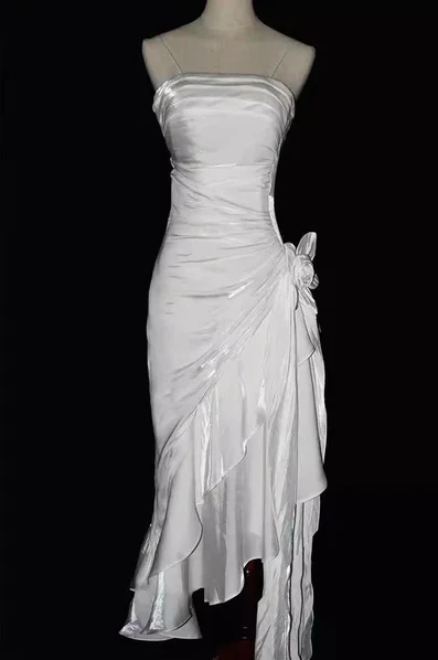 Charming Mermaid High Low Satin Straps Party Dress Vintage Style Prom Dress       fg5848 - Image 4