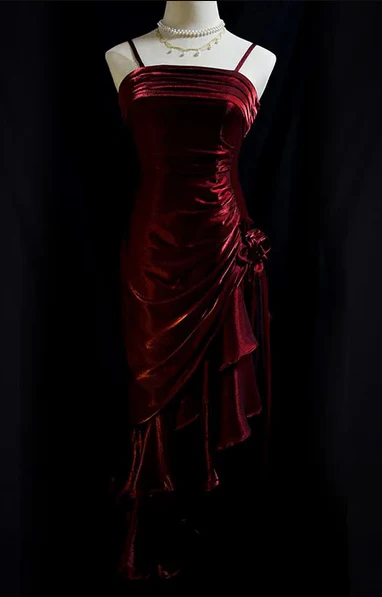 Charming Mermaid High Low Satin Straps Party Dress Vintage Style Prom Dress       fg5848 - Image 5