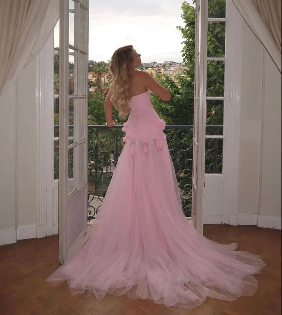 Charming Pink Strapless High Slit Flower Prom Dress       fg4142 - Image 5