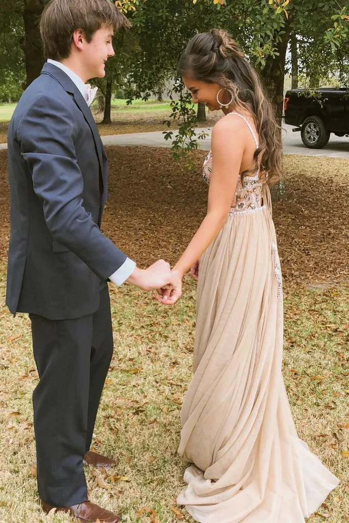 Chic Spaghetti Straps Low Back V Neck Prom Dress A Line Long Evening Dresses with Flowers fg2282 - Image 2