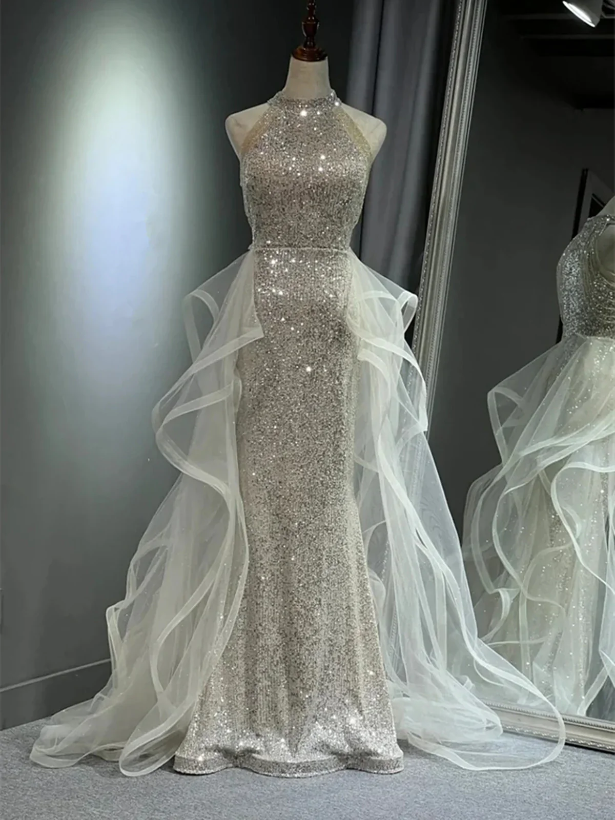 Chic White Tulle and Sequins Long Prom Dress, Halter A-line Party Dress Evening Dress fg8719