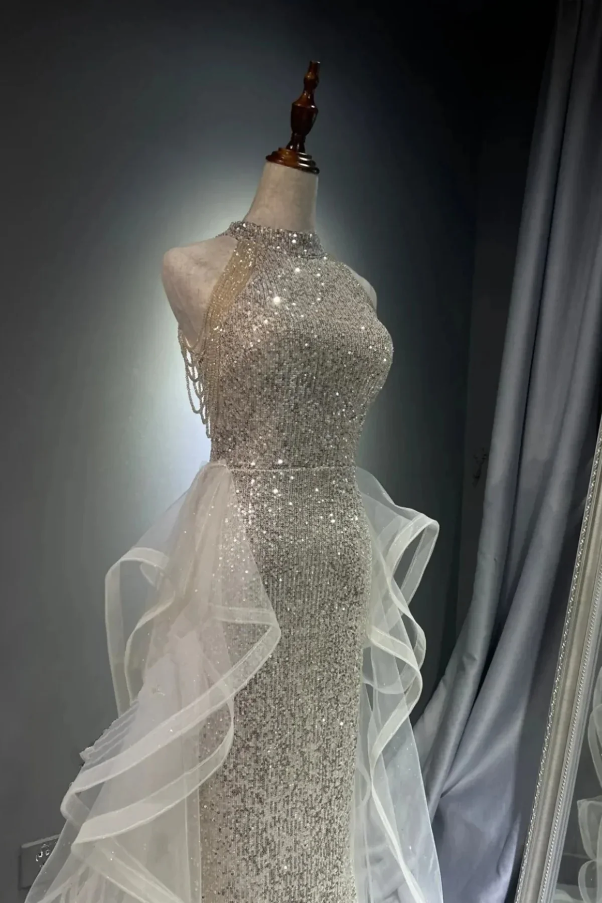 Chic White Tulle and Sequins Long Prom Dress, Halter A-line Party Dress Evening Dress fg8719 - Image 2