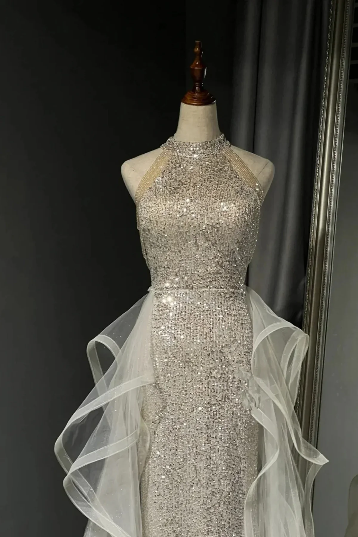 Chic White Tulle and Sequins Long Prom Dress, Halter A-line Party Dress Evening Dress fg8719 - Image 3