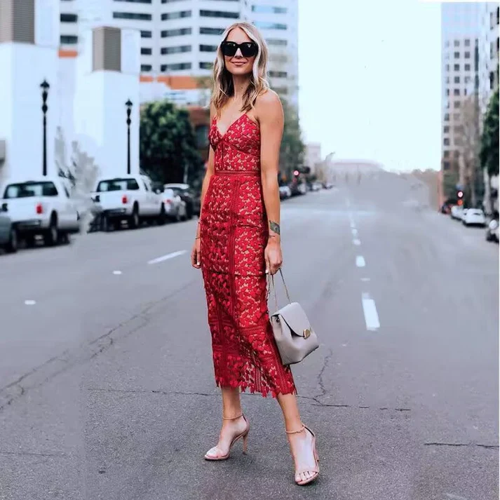 Classy Sheath Spaghetti Straps Red Lace Prom Dresses Summer Wedding Guest Dresses Wedding Guest Outfits fg8562 - Image 3