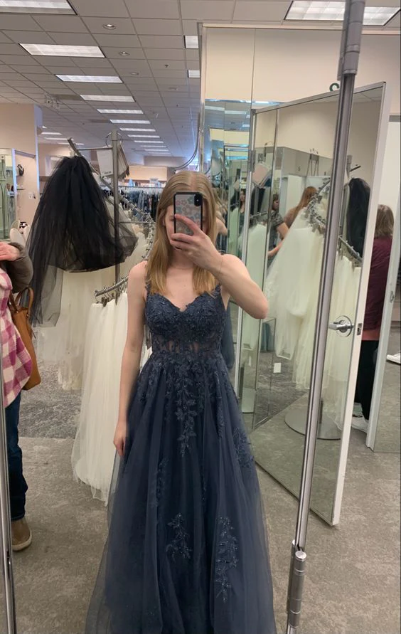Dark gray v neck tulle lace long prom dress, tulle formal dress     fg4478 - Image 2