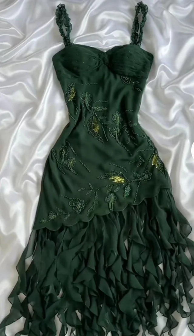 Dark Green Chiffon Ruffle Prom Dress Formal Dress Evening Party Dresses  fg7783 - Image 2