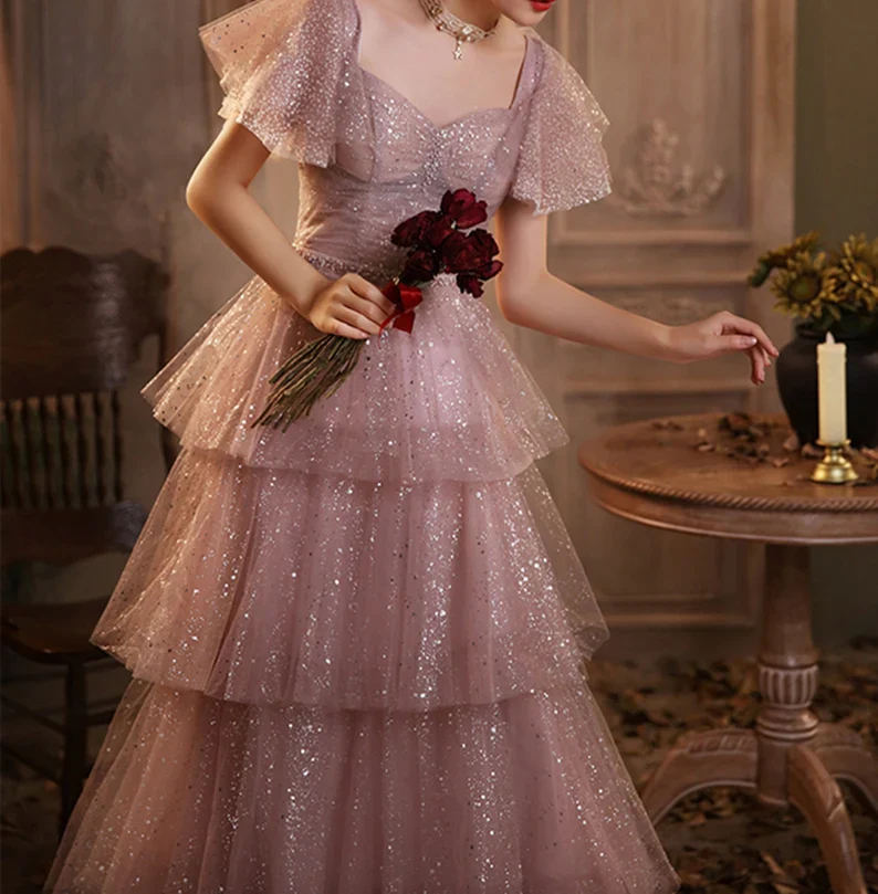 Dreamy Pink Long Prom Dress Girl Sparkly Tiered Dress Starry Evening Dress      fg2219 - Image 2