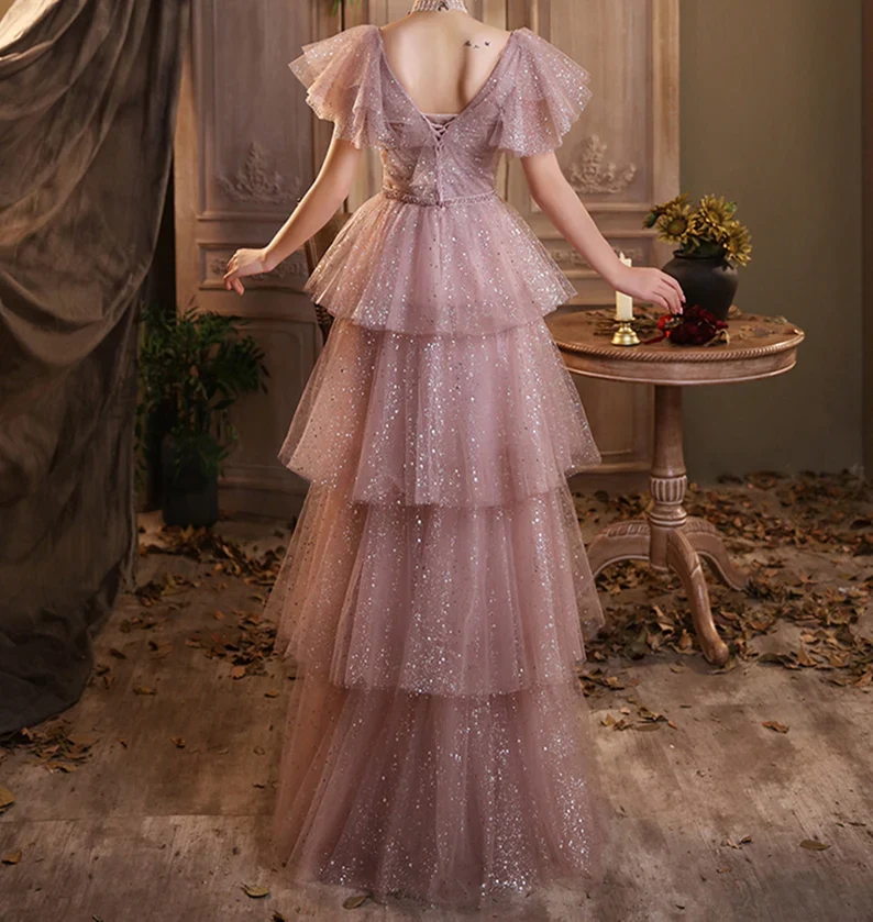 Dreamy Pink Long Prom Dress Girl Sparkly Tiered Dress Starry Evening Dress      fg2219 - Image 3