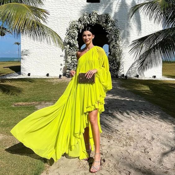 Elegant Long One Shoulder Chiffon Evening Dresses Full Sleeves With Slit A-Line Floor Length Prom Formal Dress for Women fg5634