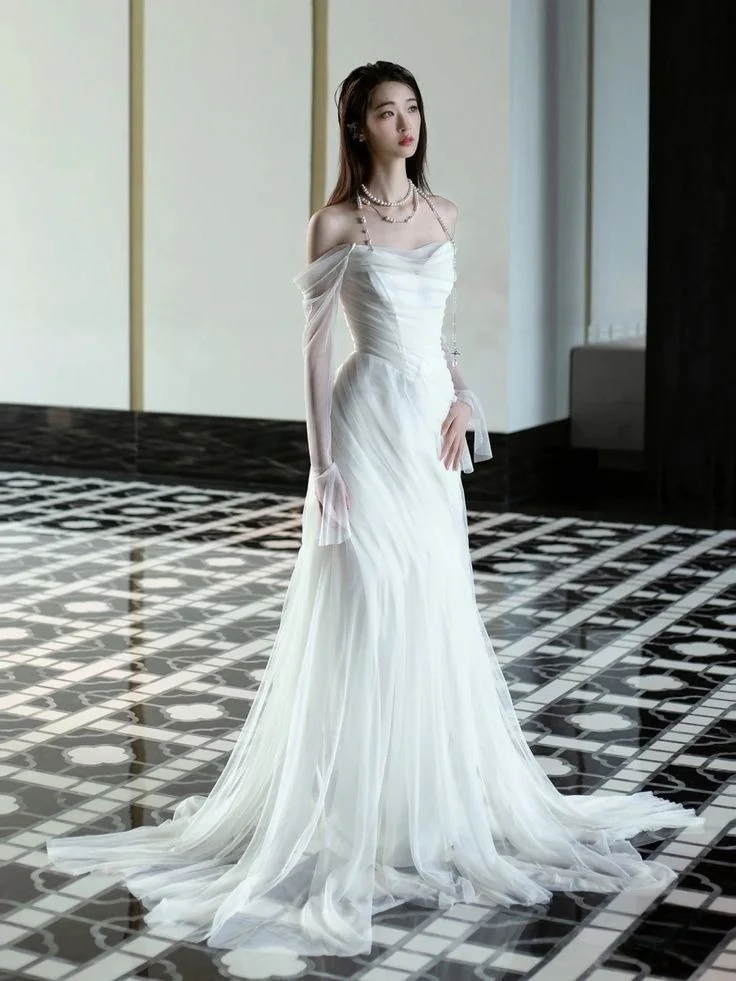 Elegant Off Shoulder Simple Wedding Dress Long Bridal Gown fg7558 - Image 2