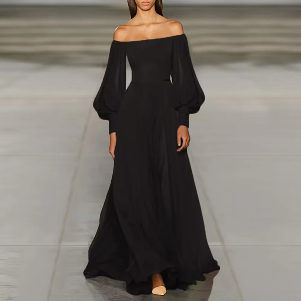 Elegant Sexy Strapless Tube Top Solid Color Lantern Sleeve Chiffon Dress    fg2860 - Image 4