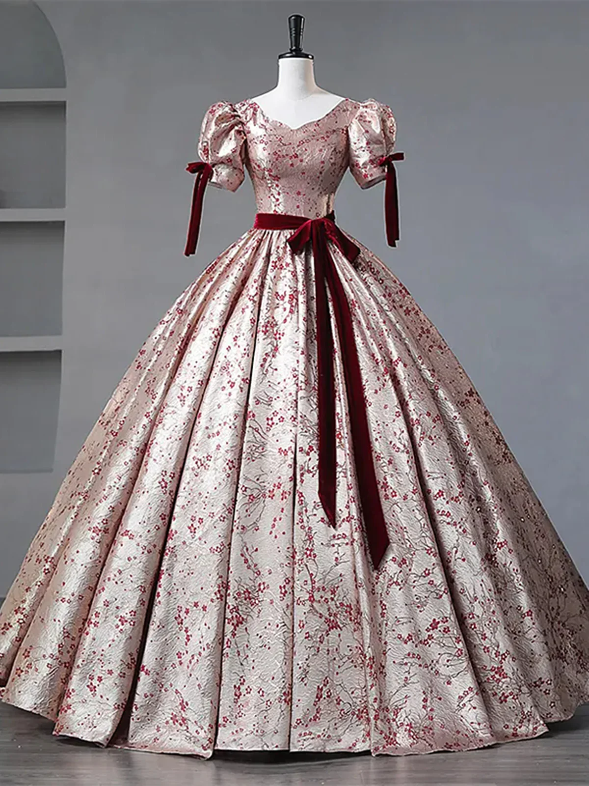 Floral Princess Gown with Burgundy Bows and Puff Sleeves, Long Prom Dress Party Dress fg8735
