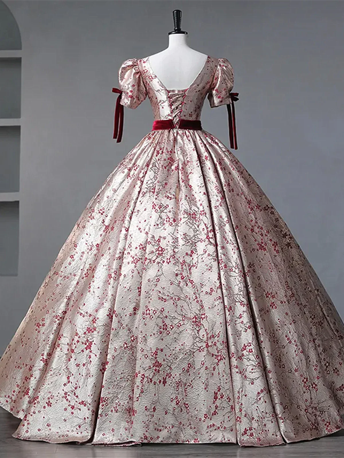 Floral Princess Gown with Burgundy Bows and Puff Sleeves, Long Prom Dress Party Dress fg8735 - Image 2