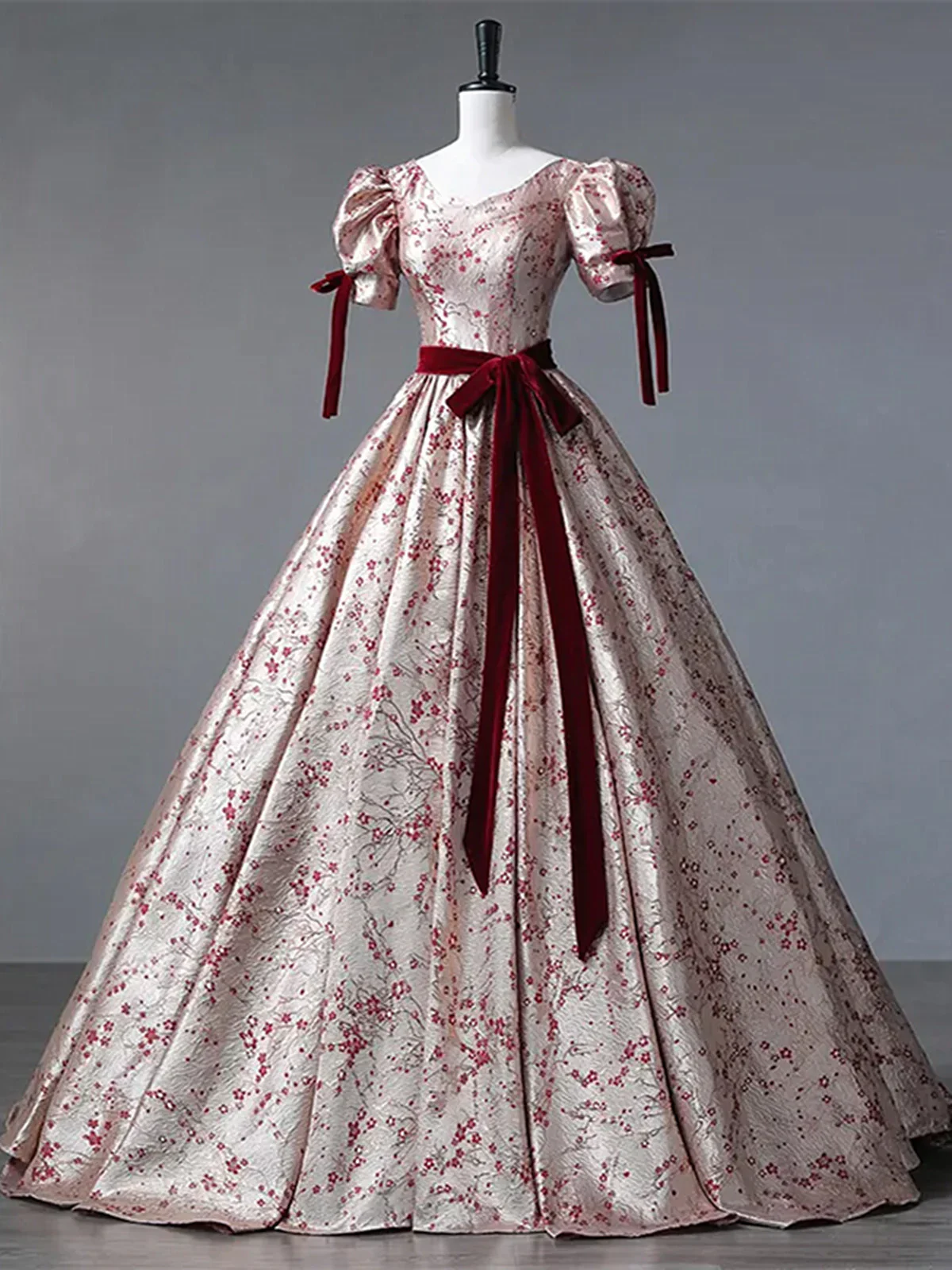 Floral Princess Gown with Burgundy Bows and Puff Sleeves, Long Prom Dress Party Dress fg8735 - Image 3