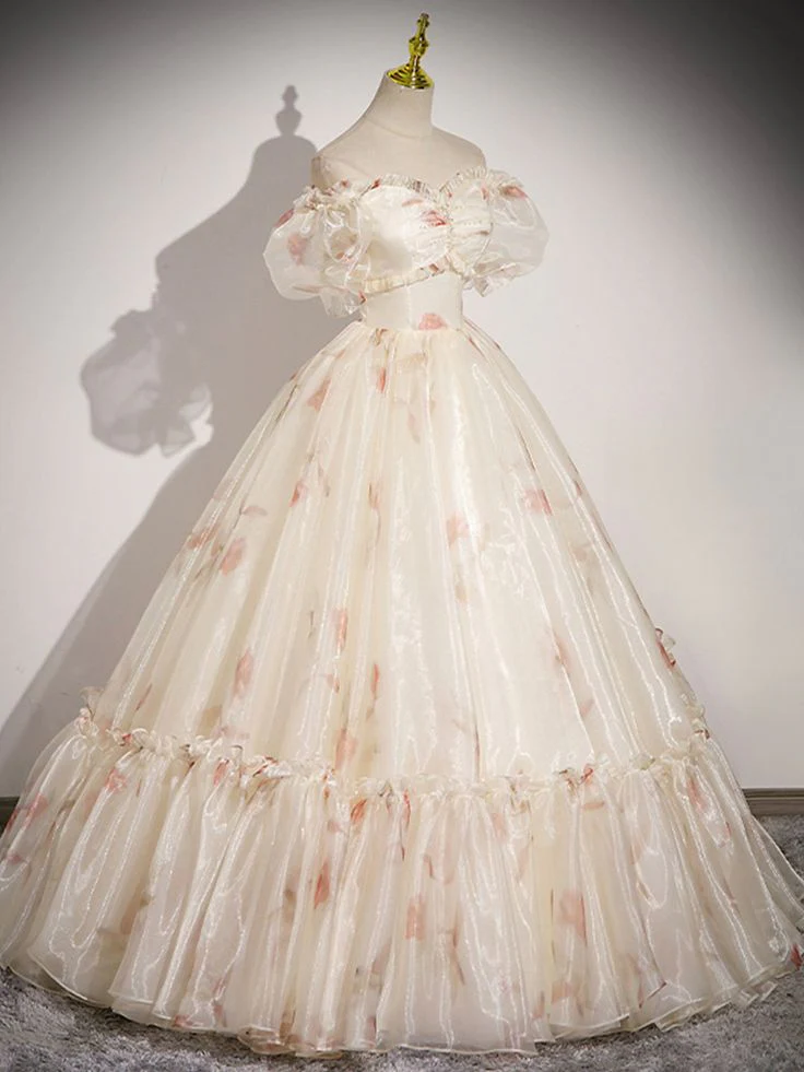 Floral Tulle Long Prom Dress, Beautiful Short Sleeve A-Line Evening Party Dress fg4404