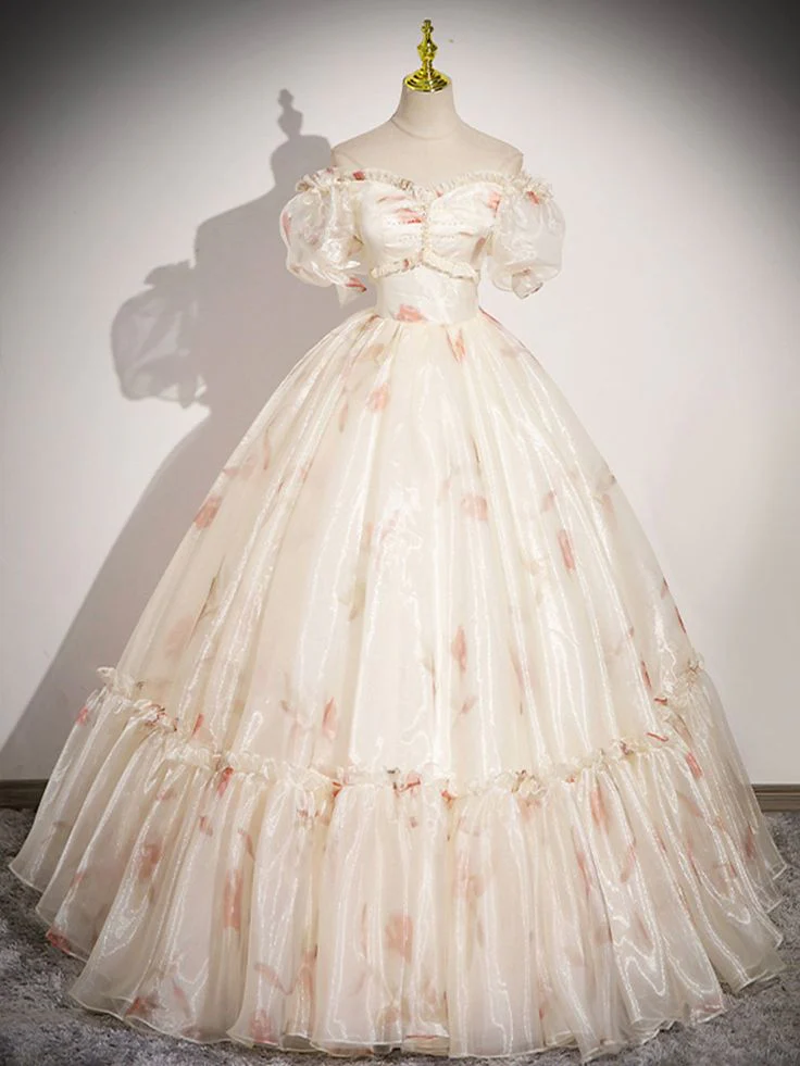 Floral Tulle Long Prom Dress, Beautiful Short Sleeve A-Line Evening Party Dress fg4404 - Image 2