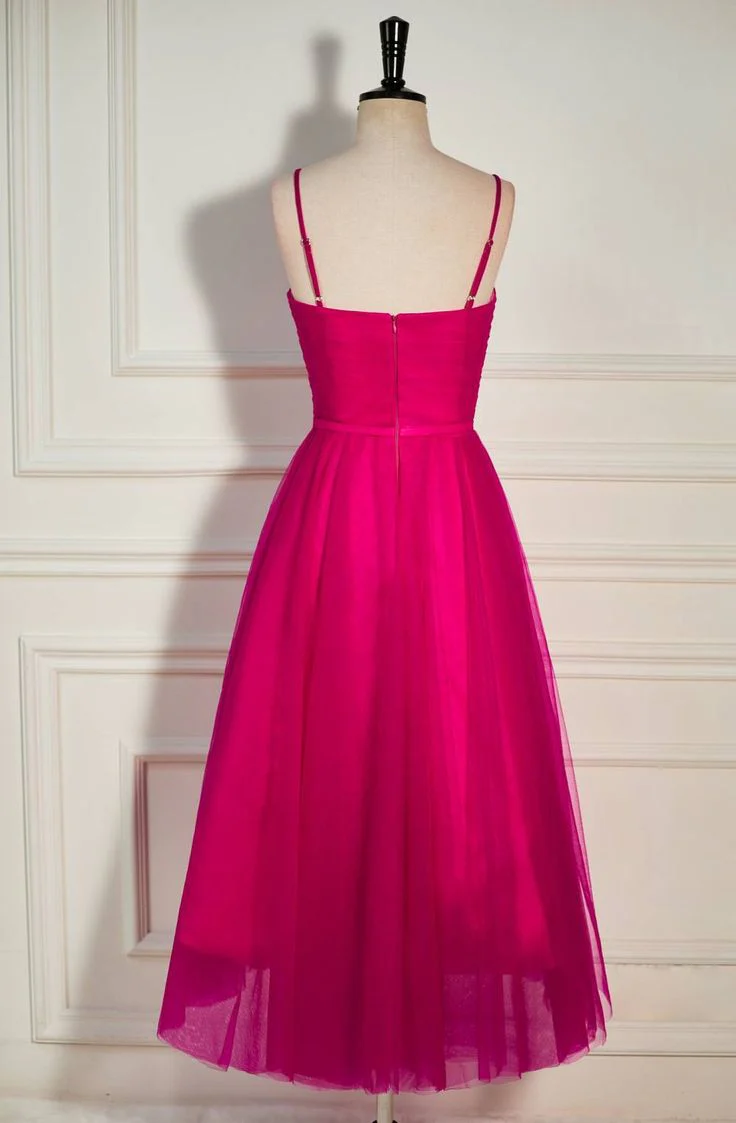 Fuchsia Straps A-line Tulle Tea-Length Prom Dress     fg4644 - Image 2
