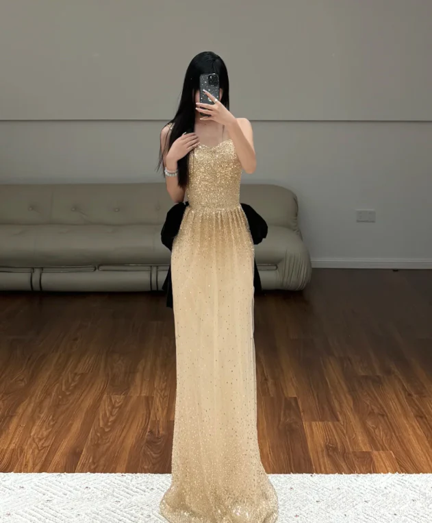 Gold Sequin Prom Party Dress Birthday Outfit Shiny Evening Dress fg8638